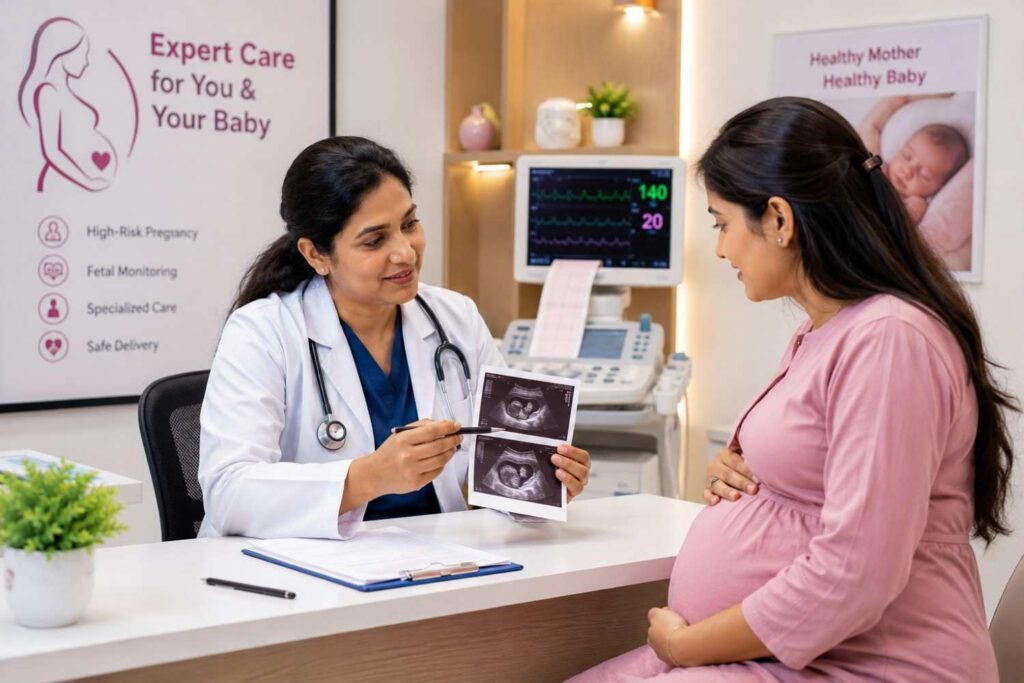 Obstetrician providing high-risk pregnancy consultation to an expectant mother at Anand Hospital, Amritsar.