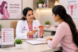 Gynecologist explaining PCOS symptoms and treatment to a female patient in Amritsar.