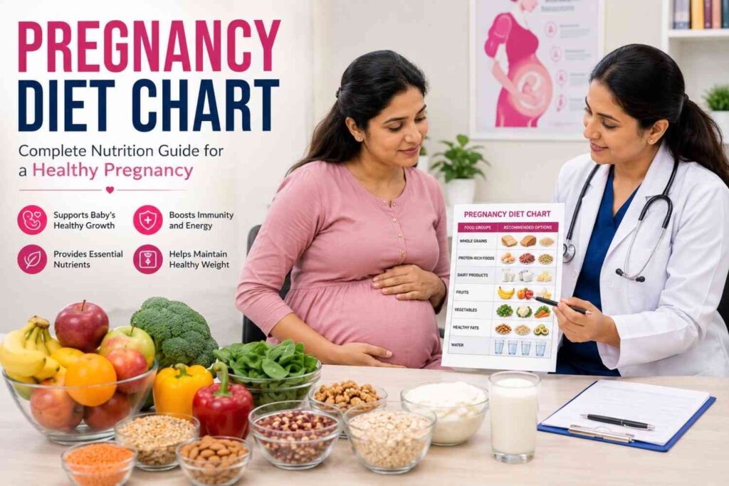 Pregnant woman discussing a healthy pregnancy diet chart with a gynecologist at Anand Hospital, Amritsar.